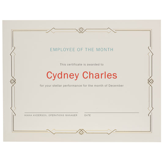 St. James® Premium Weight Certificates, Gatsby Design, Gold Foil, Ivory, 65 lb, 8.5 x 11", Pack of 15, 83407
