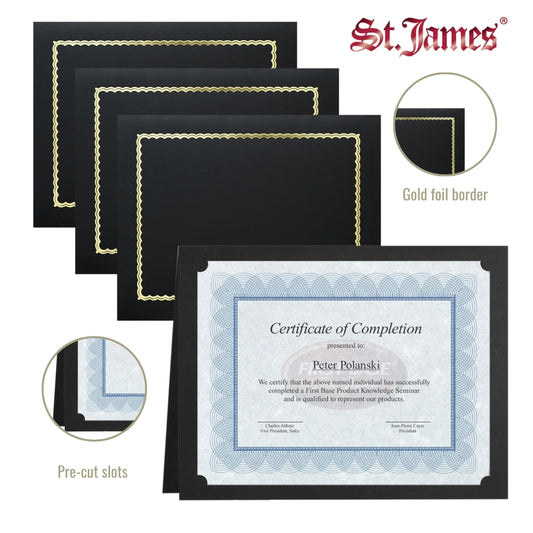 St. James® Classic Linen Certificate Holders with Gold Foil, Black, Pack of 5, 83464