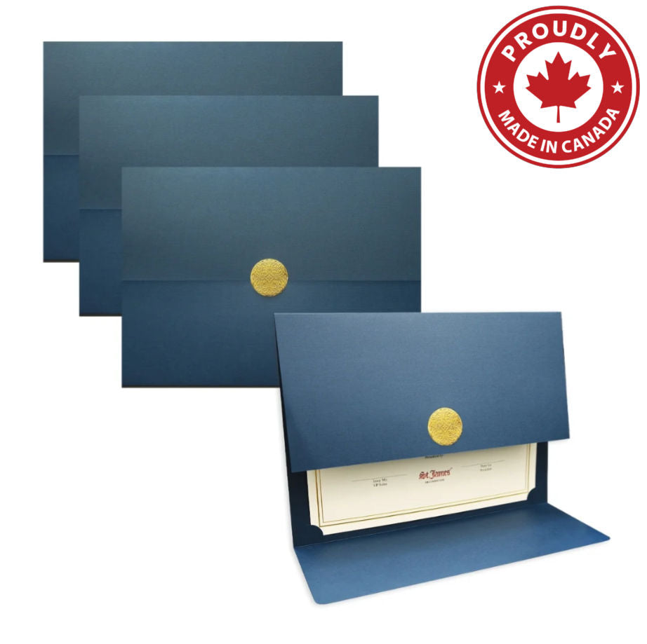 Porte-certificats St. James® Elite™ Medallion Fold, lin bleu marine avec médaillon doré, paquet de 5, 83534