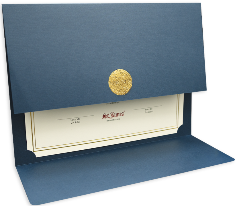 Porte-certificats St. James® Elite™ Medallion Fold, lin bleu marine avec médaillon doré, paquet de 5, 83534