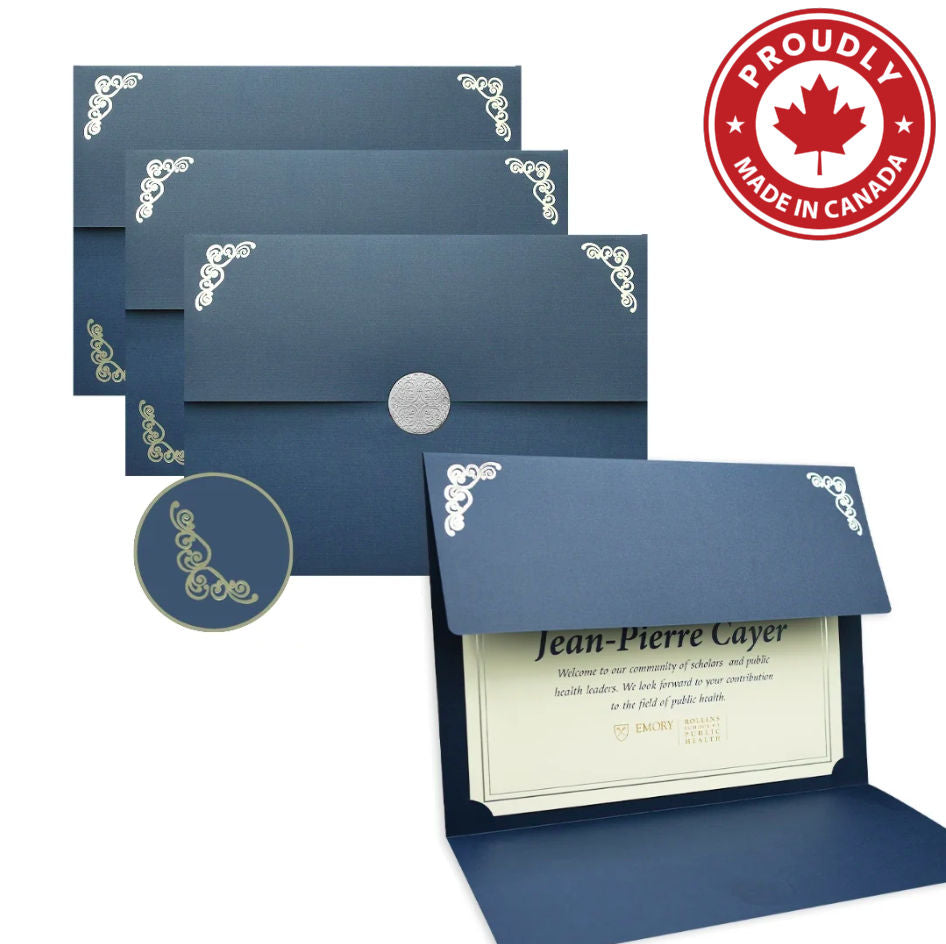 St. James® Elite™ Medallion Fold Certificate Holders, Linen, Navy Blue with Silver Medallion, Pack of 5, 83536