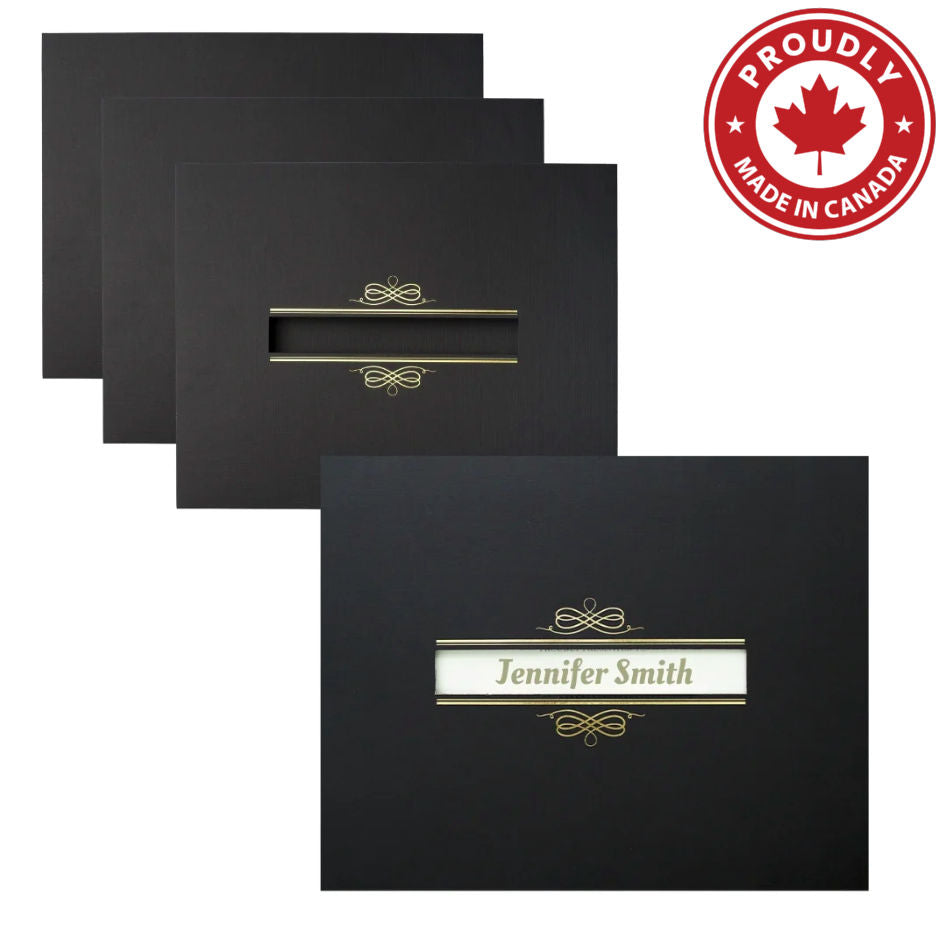 Porte-certificats St. James® avec fenêtre, lin noir, paquet de 5, 83539