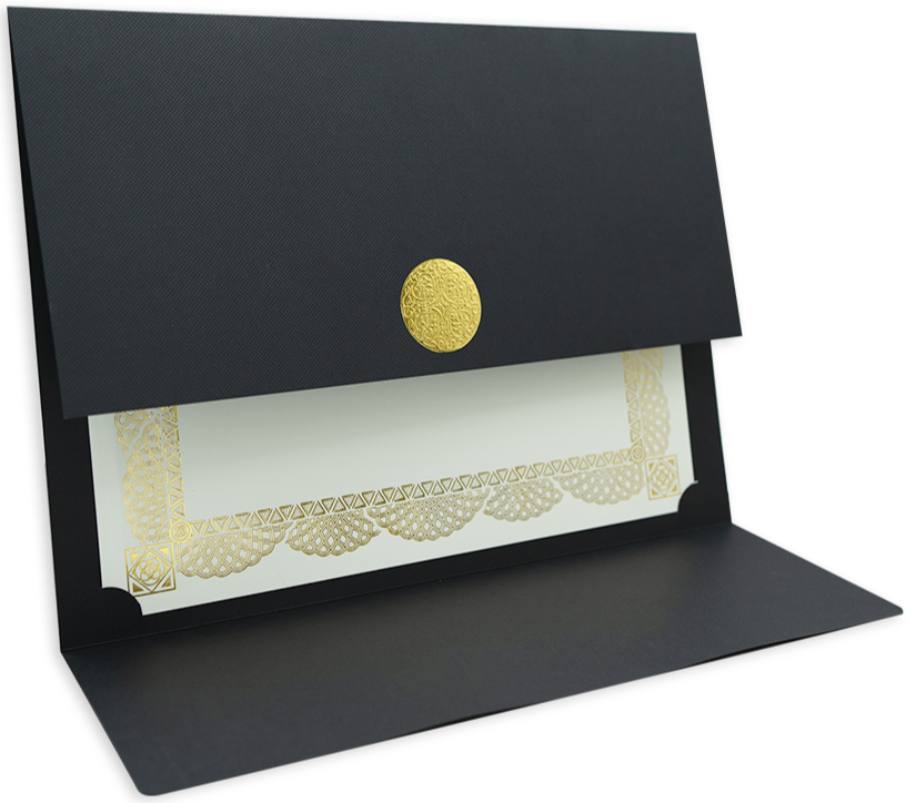 Porte-certificats St. James® Elite™ Medallion Fold, lin noir avec médaillon doré, paquet de 5, 83564