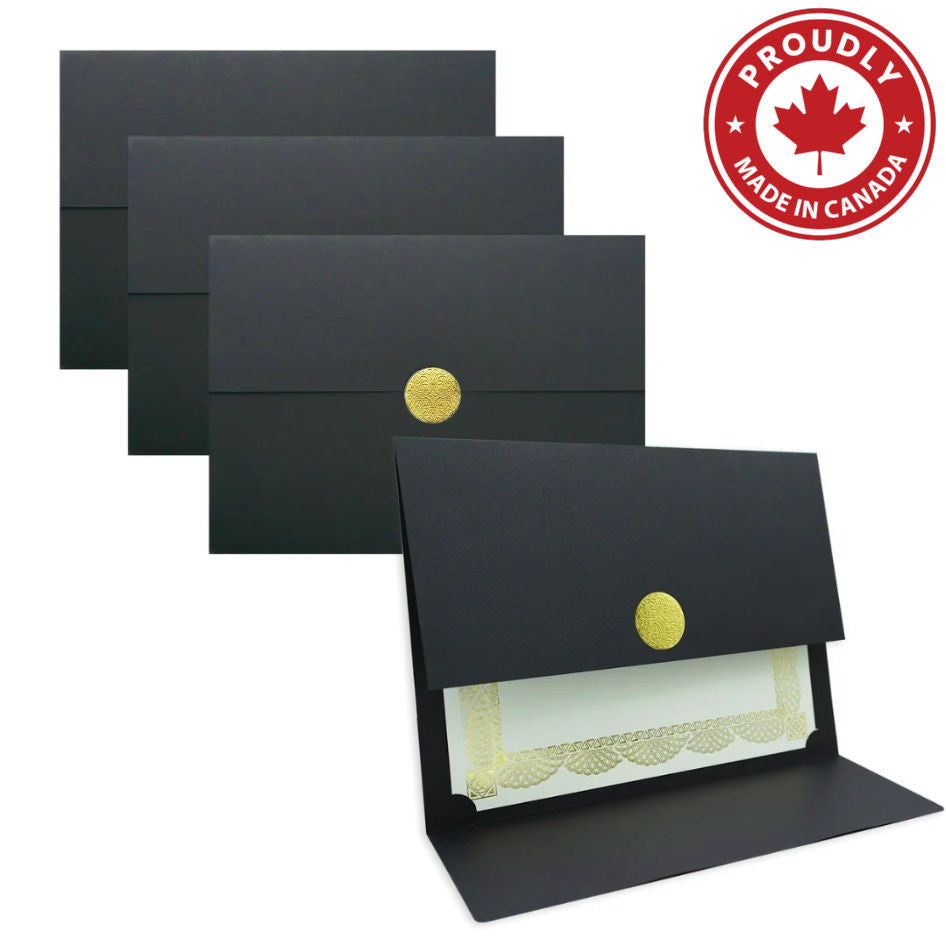 Porte-certificats St. James® Elite™ Medallion Fold, lin noir avec médaillon doré, paquet de 5, 83564