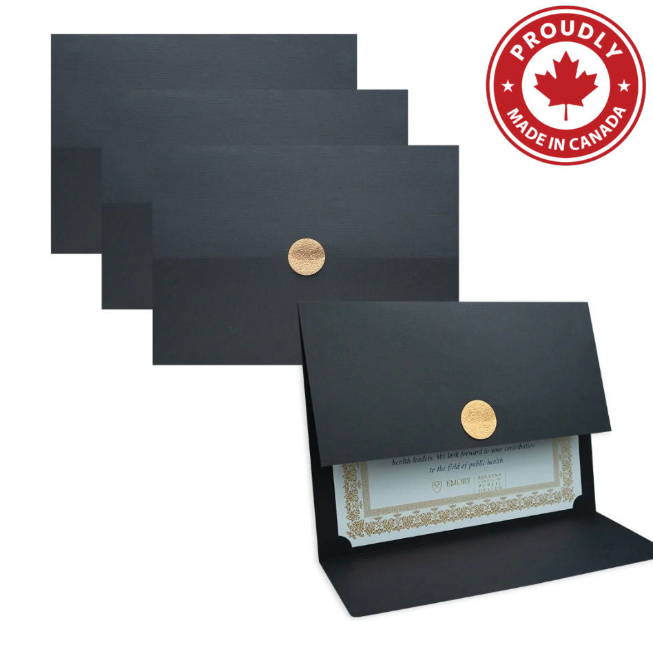 Porte-certificats St. James® Elite™ Medallion Fold, lin noir avec médaillon en cuivre, paquet de 5, 83570
