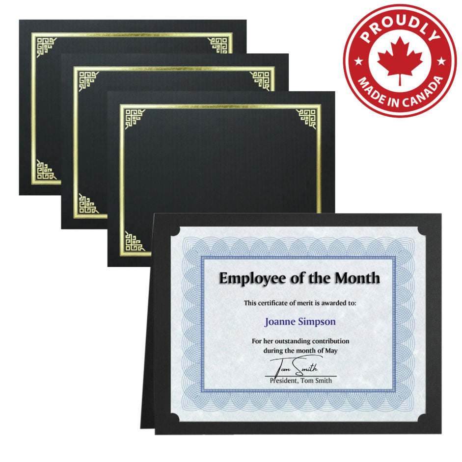 St. James® Porte-certificats/Couvertures de documents/Porte-diplômes, Noir, Bordure en feuille d'or, Finition lin, Paquet de 5, 83802