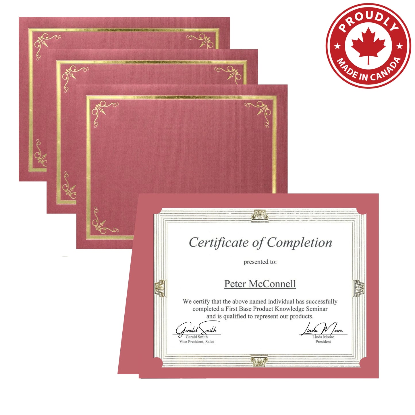 Porte-certificats/couvertures de documents/porte-diplômes St. James®, rouge, bordure en feuille d'or, finition lin, paquet de 5, 83807