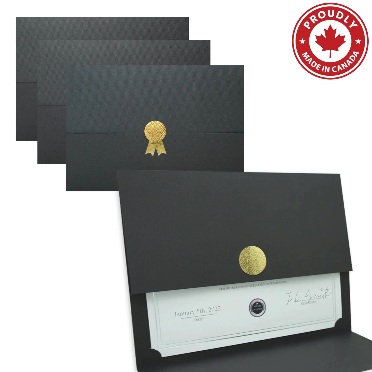 St. James® Certificate Holders/Document Covers/Diploma Holders, Black, Gold Award Seal with Gold Ribbon, Pack of 5, 83822