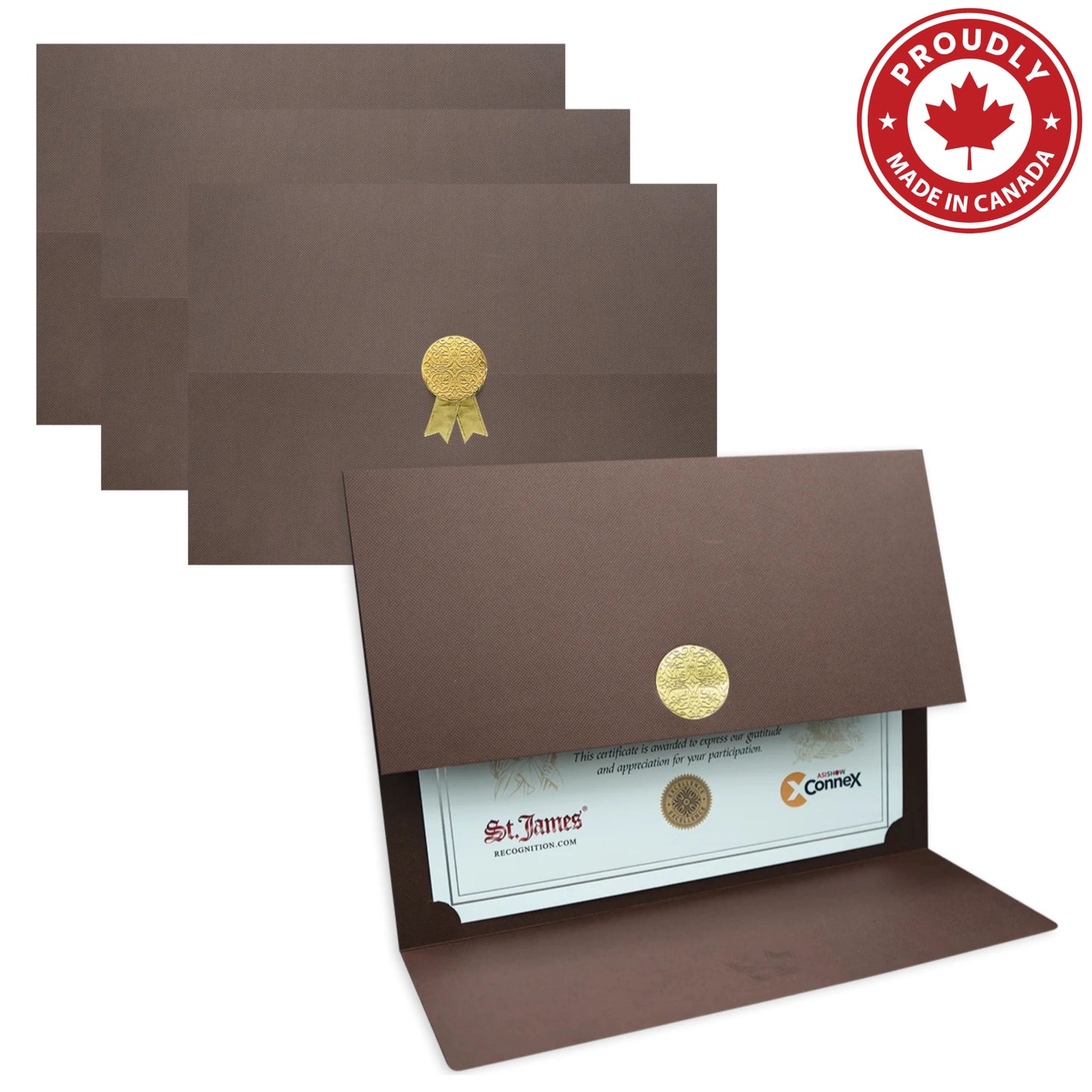 St. James® Certificate Holders/Document Covers/Diploma Holders, Brown, Gold Award Seal with Gold Ribbon, Pack of 5, 83828