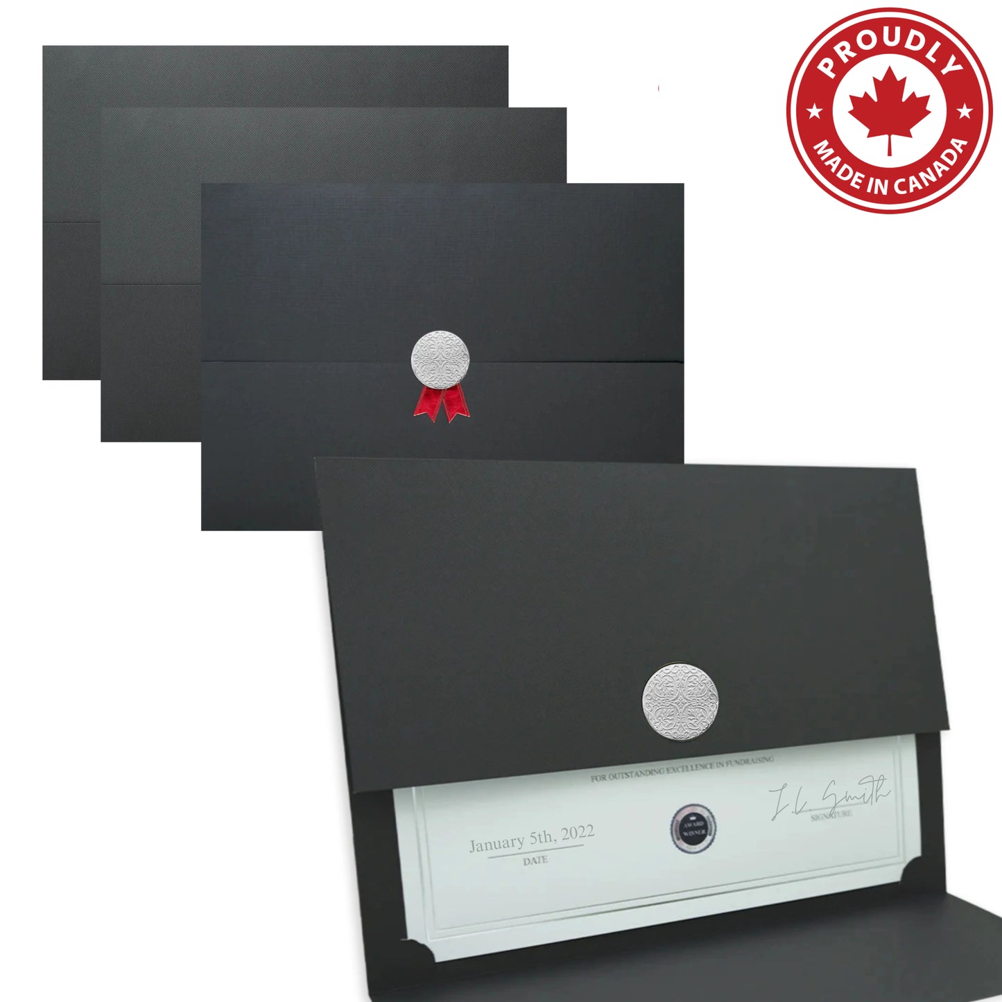 St. James® Certificate Holders/Document Covers/Diploma Holders, Black, Silver Award Seal with Red Ribbon, Pack of 5, 83845