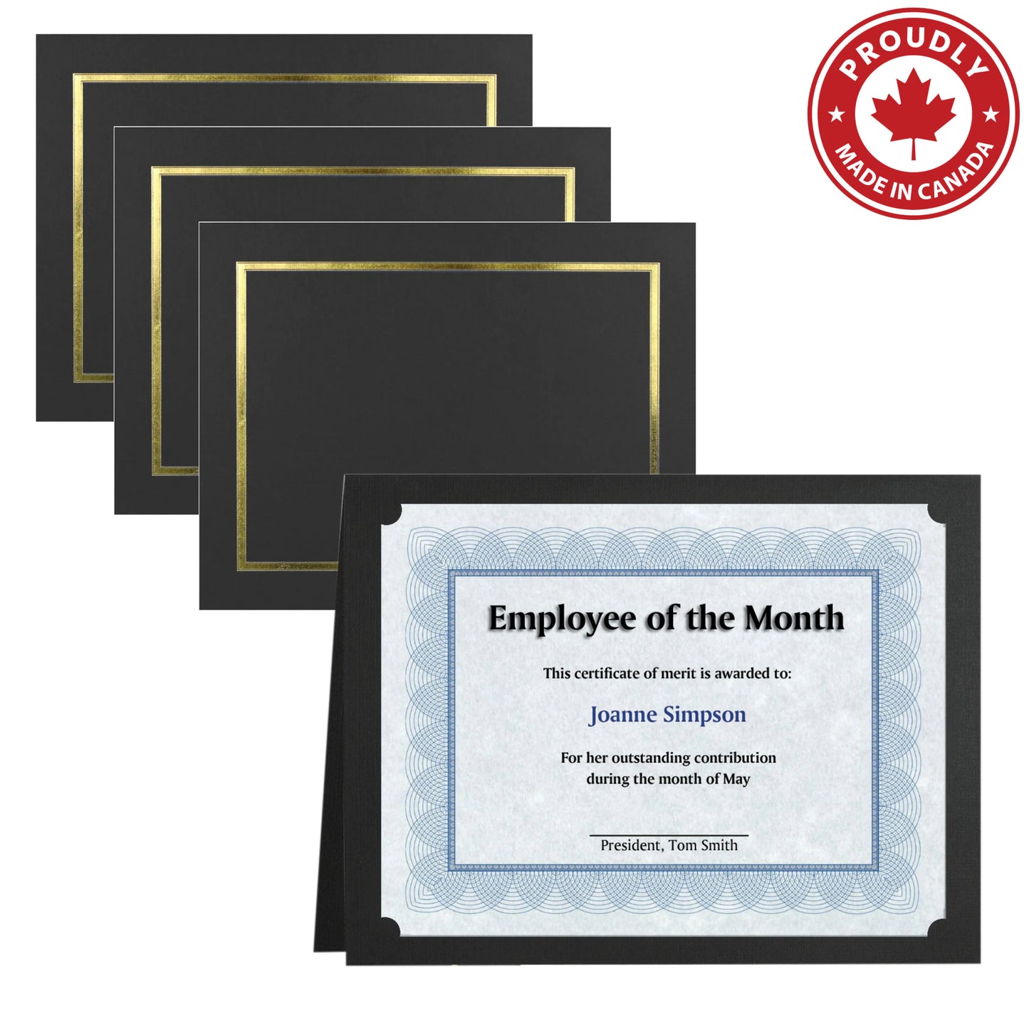 Porte-certificats/couvertures de documents/porte-diplômes St. James®, noir, bordure en feuille d'or, finition lin, paquet de 5, 83852