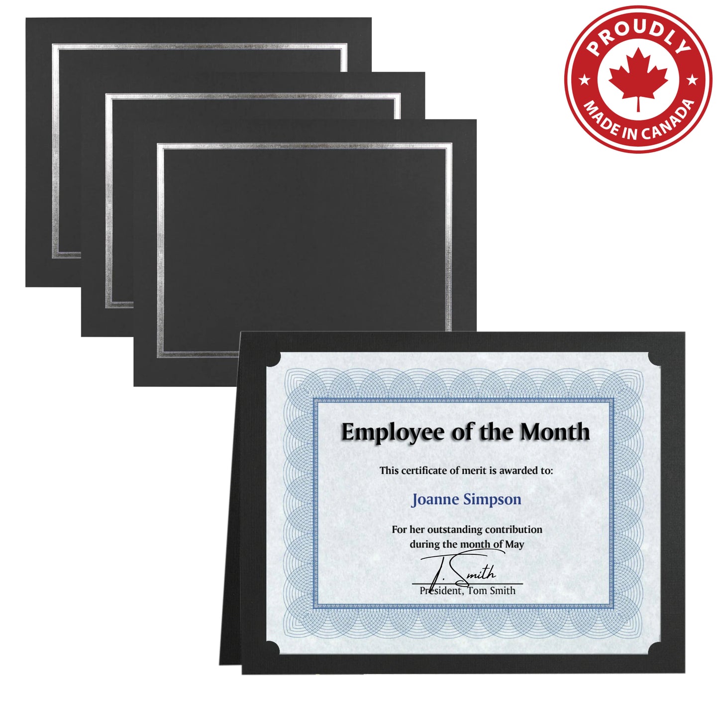 Porte-certificats/couvertures de documents/porte-diplômes St. James®, noir, bordure en feuille d'argent, finition lin, paquet de 5, 83853