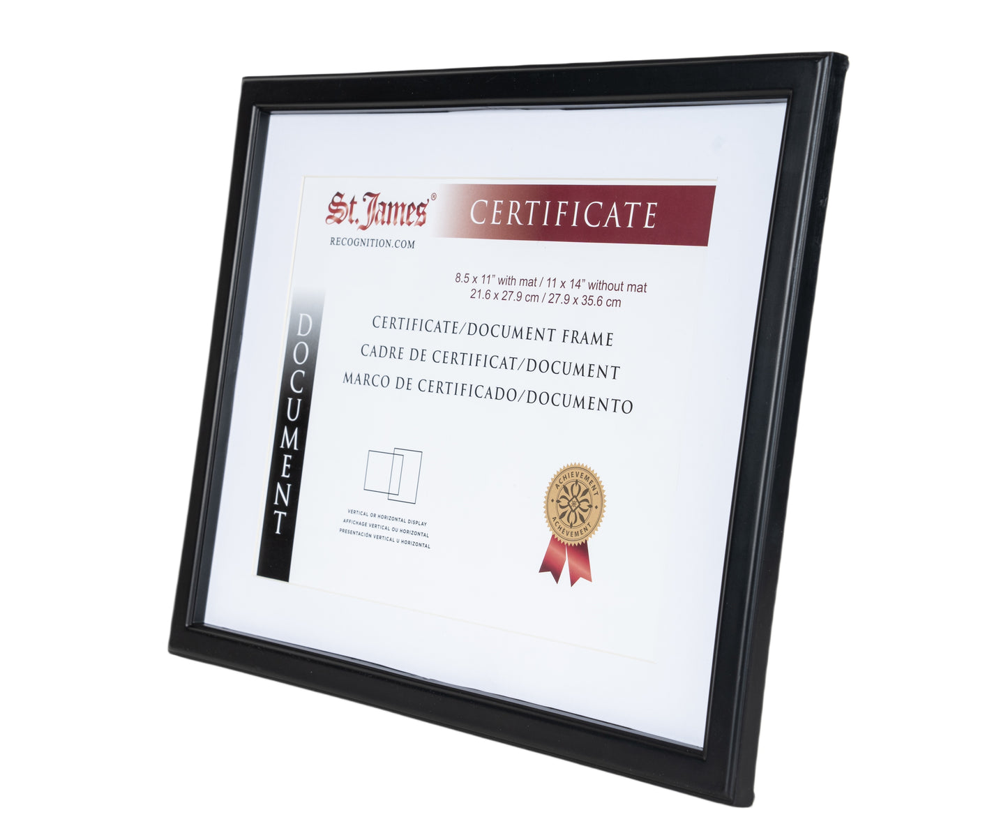 St. James® Certificate/Document/Diploma Frame, 8.5x11" with Mat or 11x14" without Mat, Black, 83918