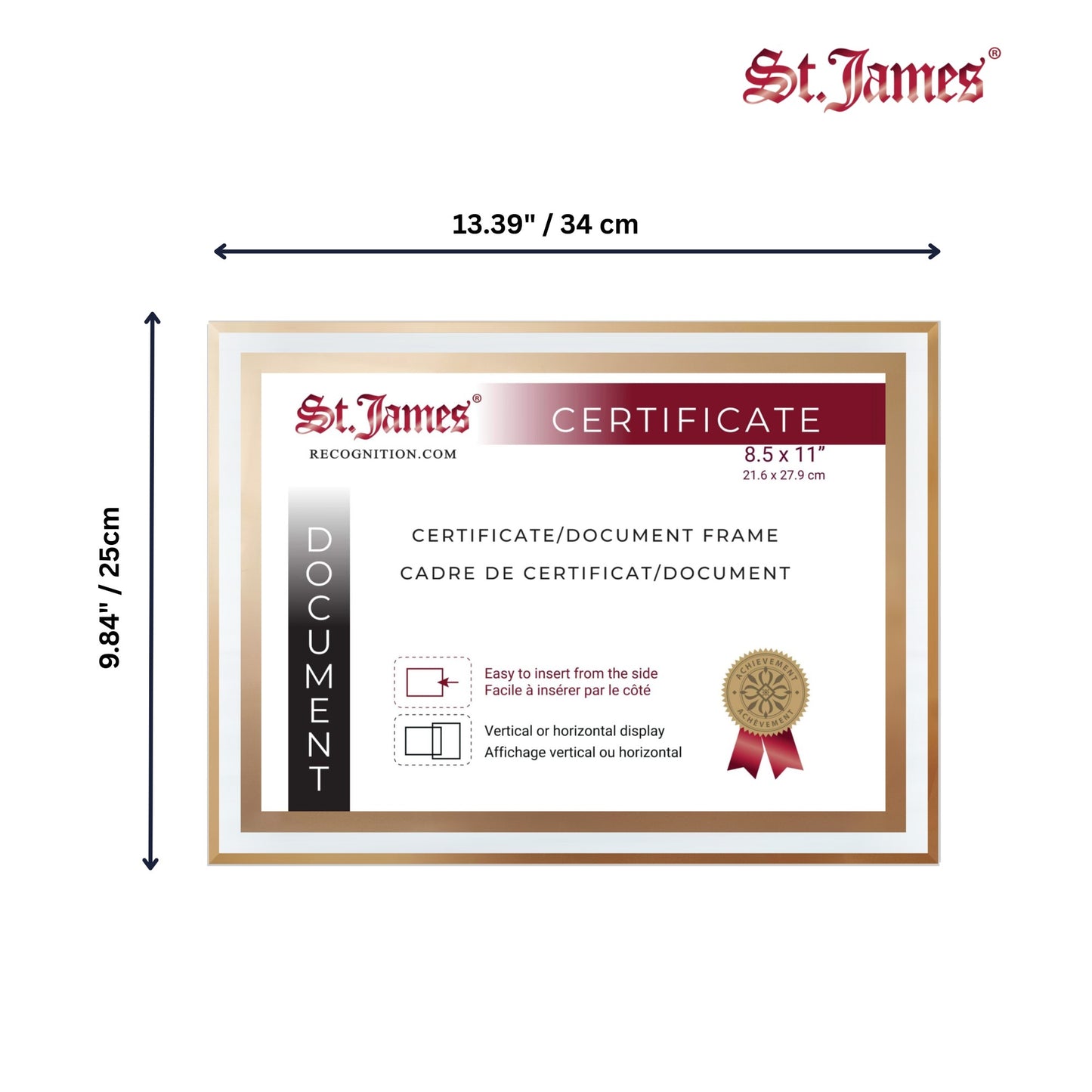 St. James® Certificate/Document/Diploma Glass Frame, 8.5x11", Clean Line Border, Gold Foil, Pack of 2, 83940