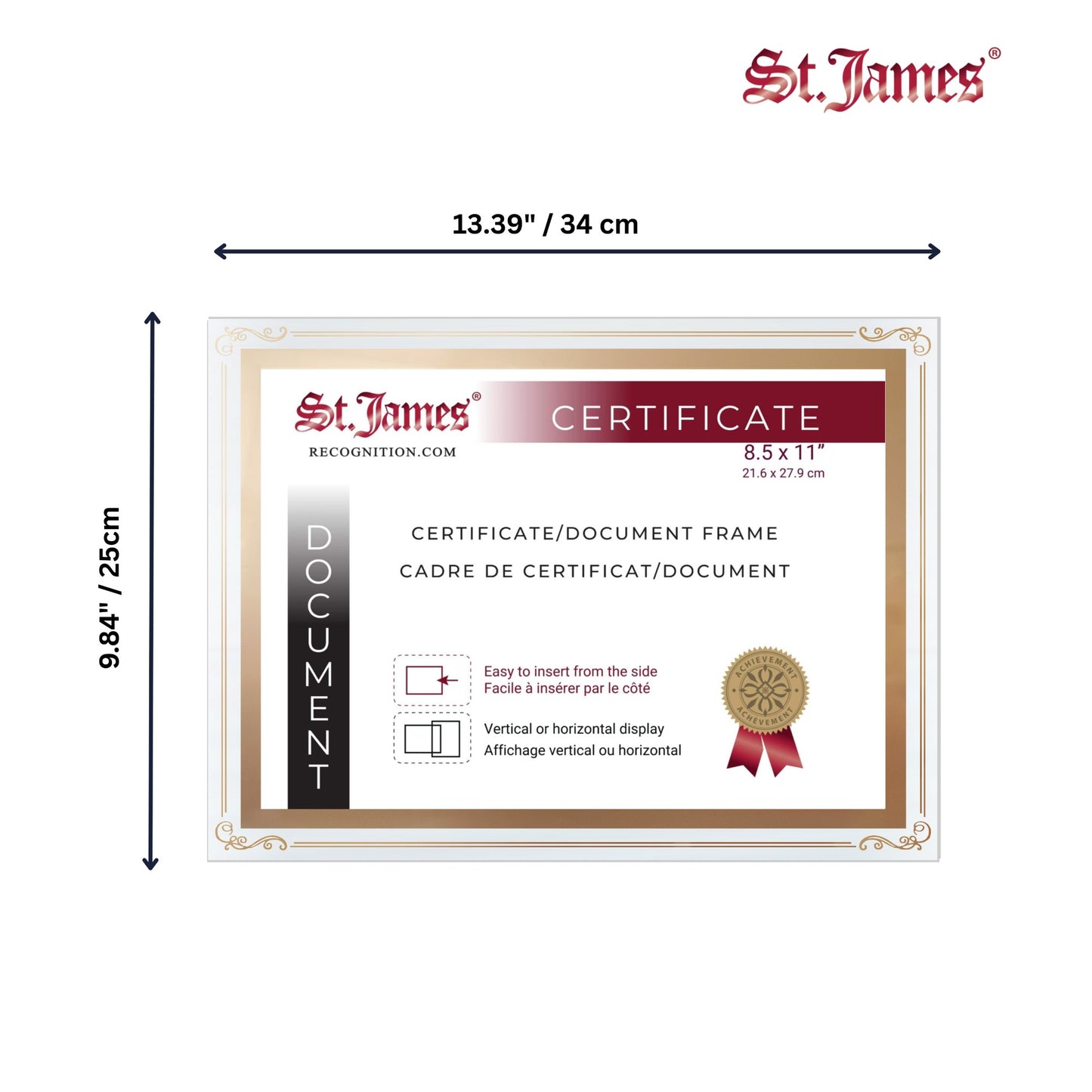 St. James® Certificate/Document/Diploma Glass Frame, 8.5x11", Decorative Border, Gold Foil, Pack of 2, 83944