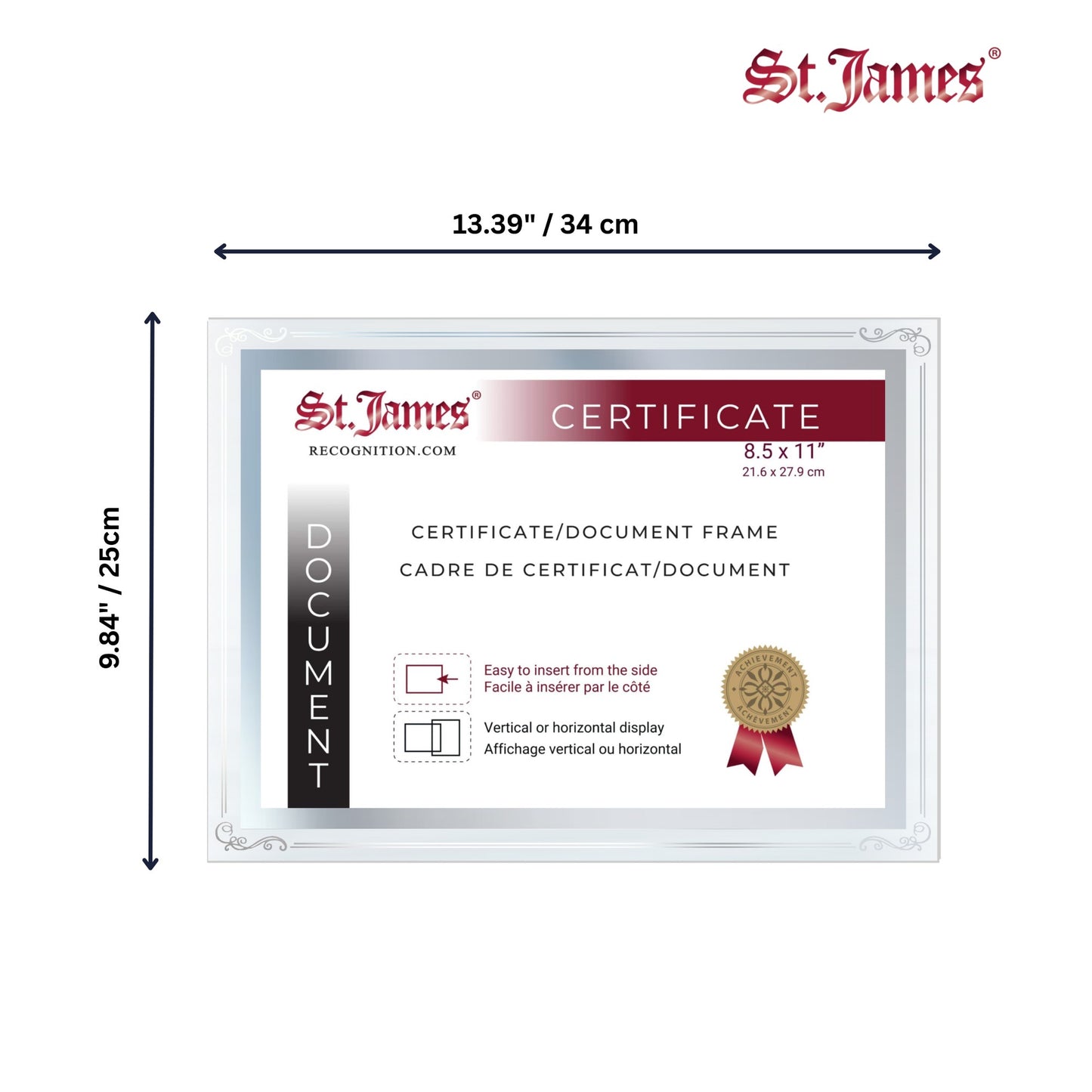 St. James® Certificate/Document/Diploma Glass Frame, 8.5x11", Decorative Border, Silver Foil, Pack of 2, 83946