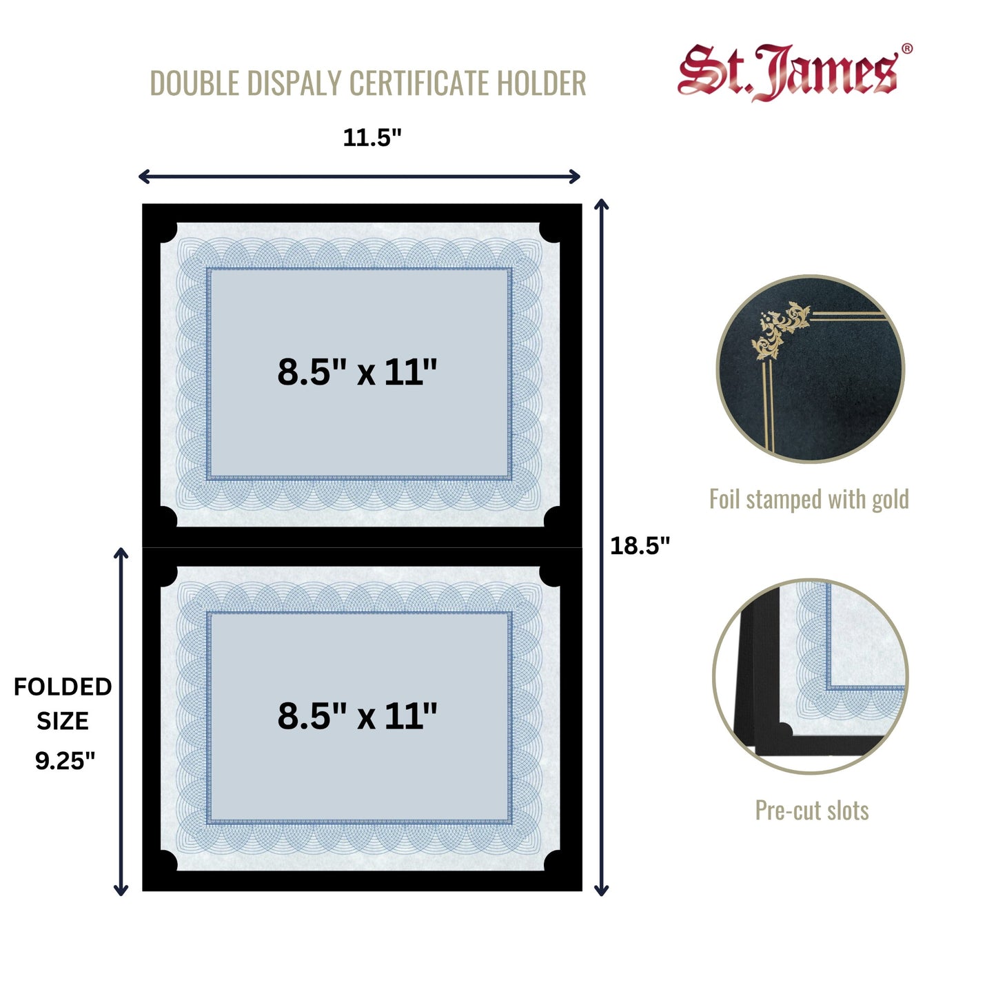 St. James® Premium Certificate Holders, Double Display Folders for 8.5 x 11" Documents, Black, Gold Foil Border, Pack of 10, 83953