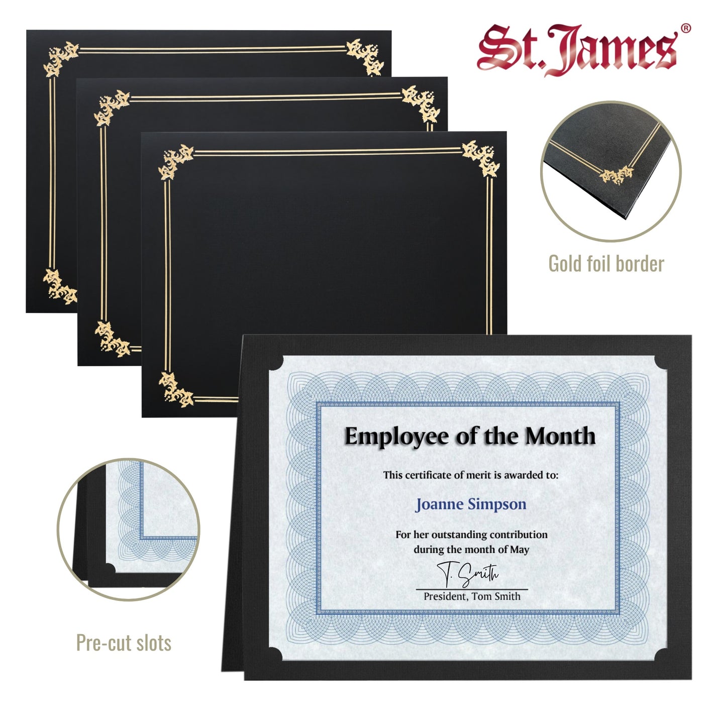 St. James® Premium Certificate Holders, Double Display Folders for 8.5 x 11" Documents, Black, Gold Foil Border, Pack of 10, 83953