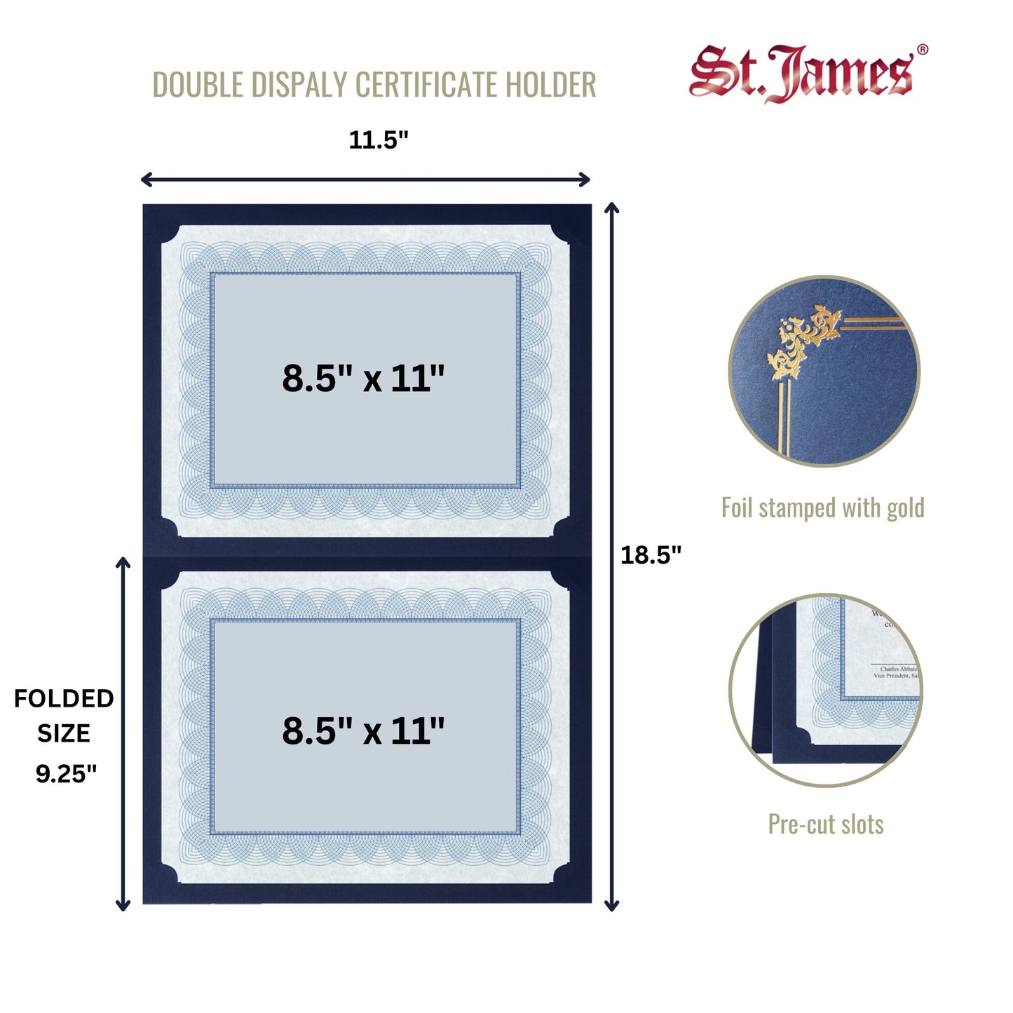 St. James® Premium Certificate Holders, Double Display Folders for 8.5 x 11" Documents, Navy Blue, Gold Foil Border, Pack of 10, 83955
