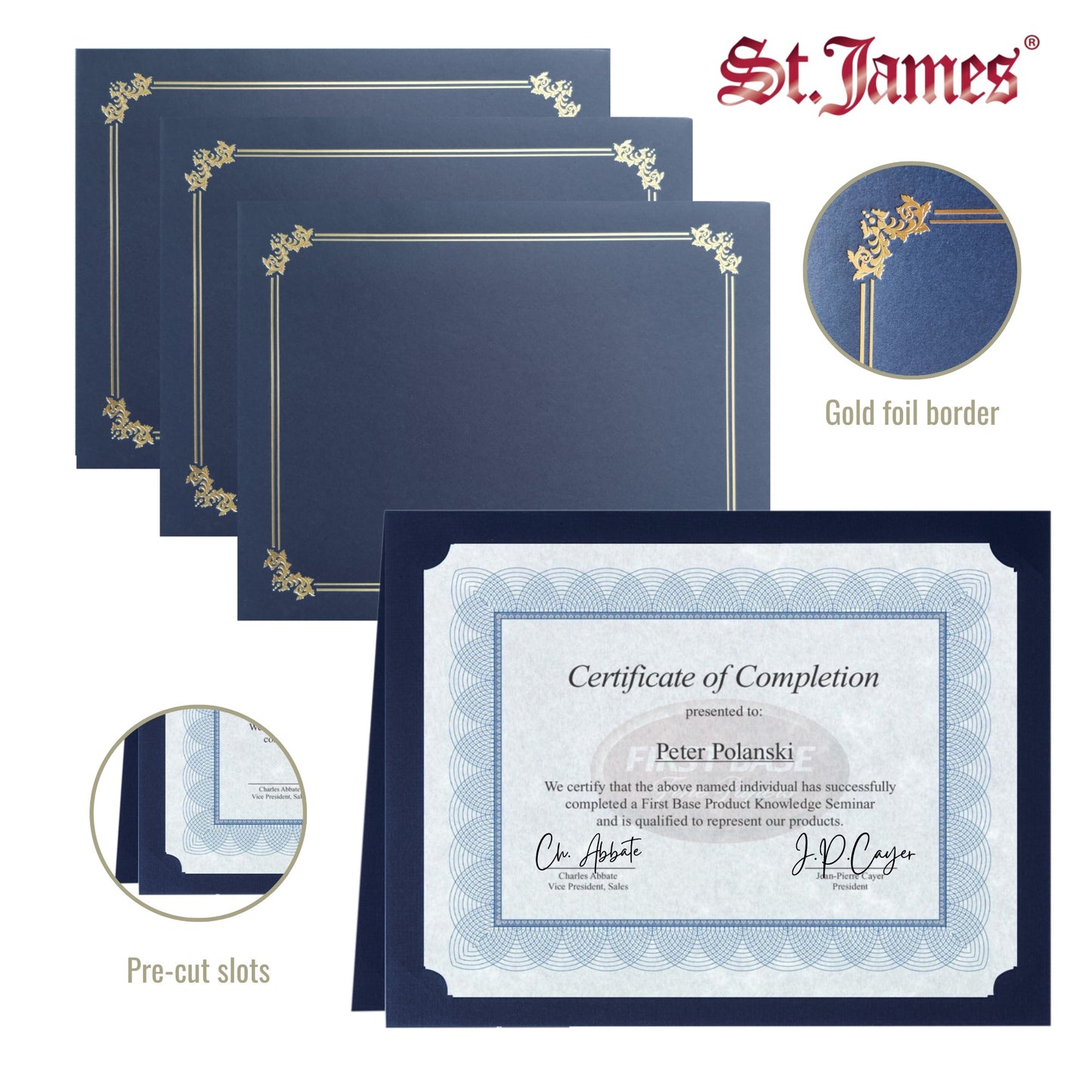 St. James® Premium Certificate Holders, Double Display Folders for 8.5 x 11" Documents, Navy Blue, Gold Foil Border, Pack of 10, 83955