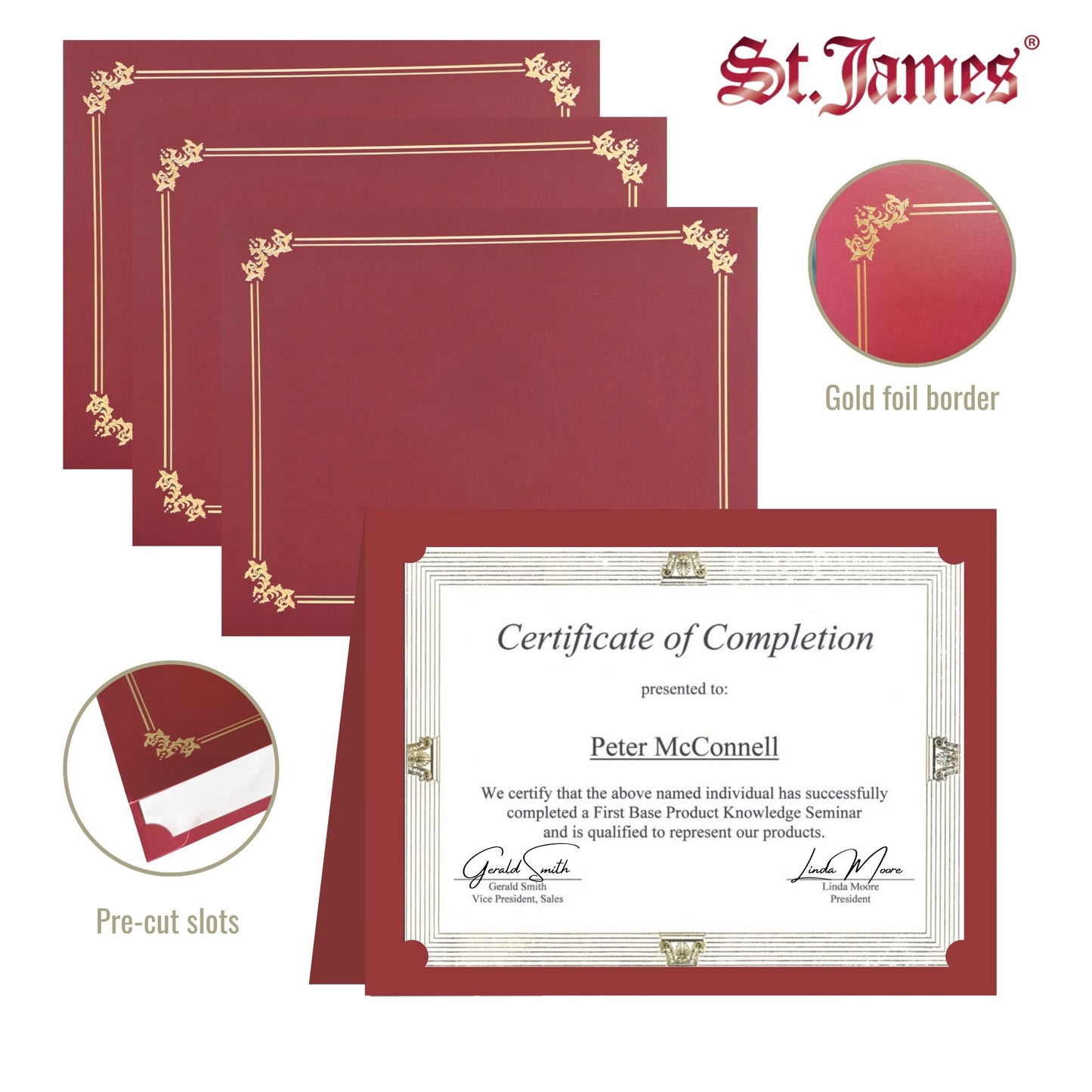 St. James® Premium Certificate Holders, Double Display Folders for 8.5 x 11" Documents, Burgundy, Gold Foil Border, Pack of 10, 83957