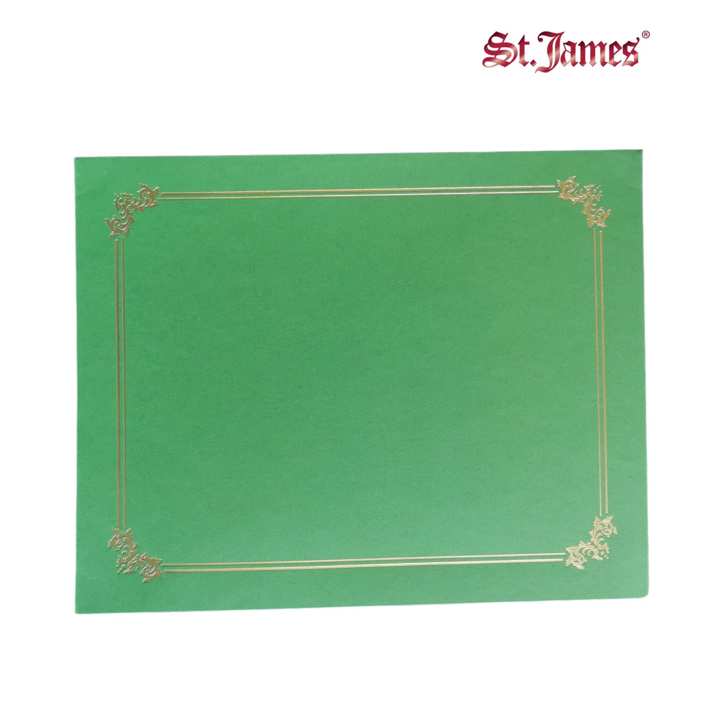 St. James® Premium Certificate Holders, Double Display Folders for 8.5 x 11" Documents, Green, Gold Foil Border, Pack of 10, 83959