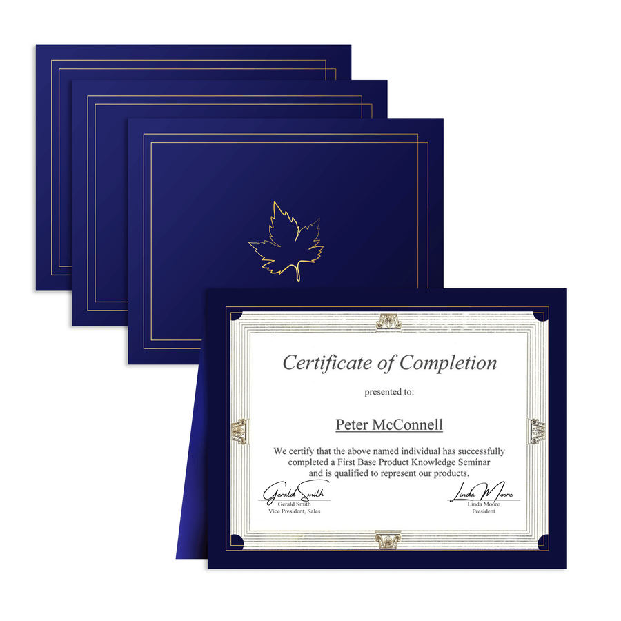 St. James® Premium Certificate Holder, Gold Foil Maple Leaf Design, 8.5 x 11" Document Folder, Navy Blue, Pack of 10, 572946
