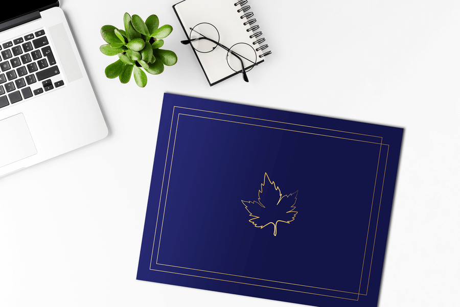 St. James® Premium Certificate Holder, Gold Foil Maple Leaf Design, 8.5 x 11" Document Folder, Navy Blue, Pack of 10, 572946