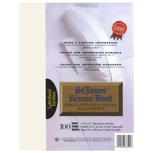 St. James® Résumé Bond, 25% Cotton, 24 lb Letter-Size Paper, Ivory, Pack of 100, 76502