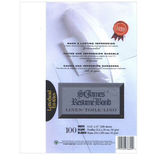 St. James® Résumé Bond, Linen, 24 lb Letter-Size Paper, White, Pack of 100, 76600