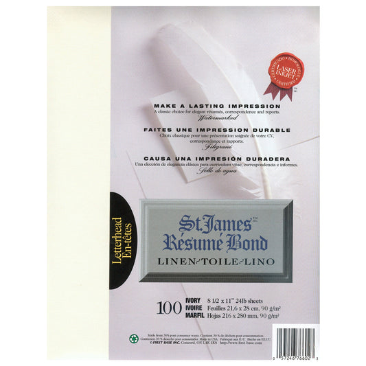 St. James® Résumé Bond, lin, papier format lettre 24 lb, ivoire, paquet de 100, 76602