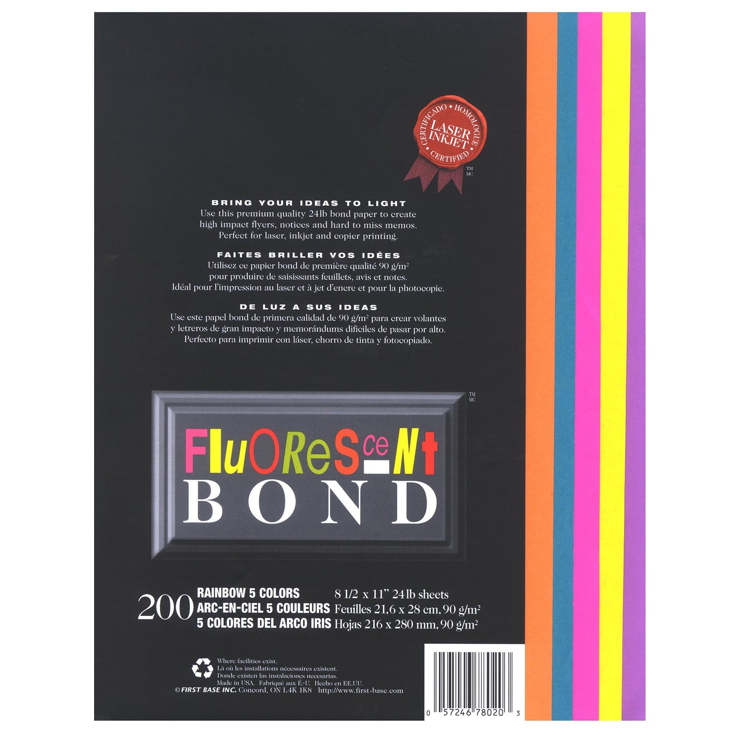 Papier bond fluorescent St. James®, arc-en-ciel, 5 couleurs, paquet de 200, 78020