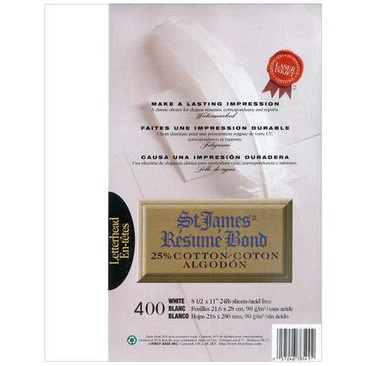 St. James® Résumé Bond, 25% Cotton, 24 lb Letter-Size Paper, White, Pack of 400, 78145