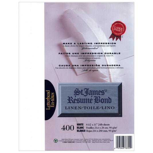 St. James® Résumé Bond, lin, papier format lettre 24 lb, blanc, paquet de 400, 78155