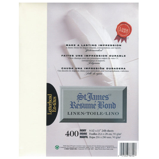 St. James® Résumé Bond, Linen, 24 lb Letter-Size Paper, Ivory, Pack of 400, 78156