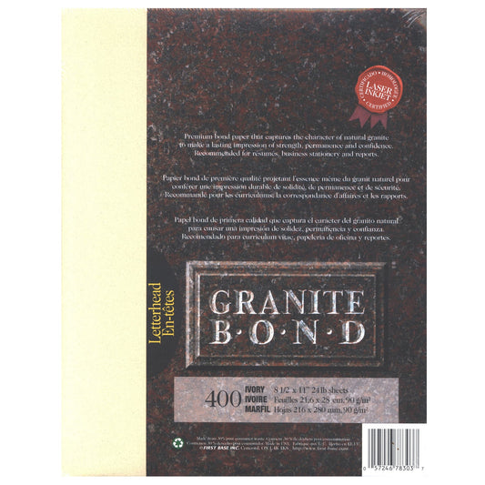 St. James® Granite Bond, 24 lb Letter-Size Paper, Ivory, Pack of 400, 78303