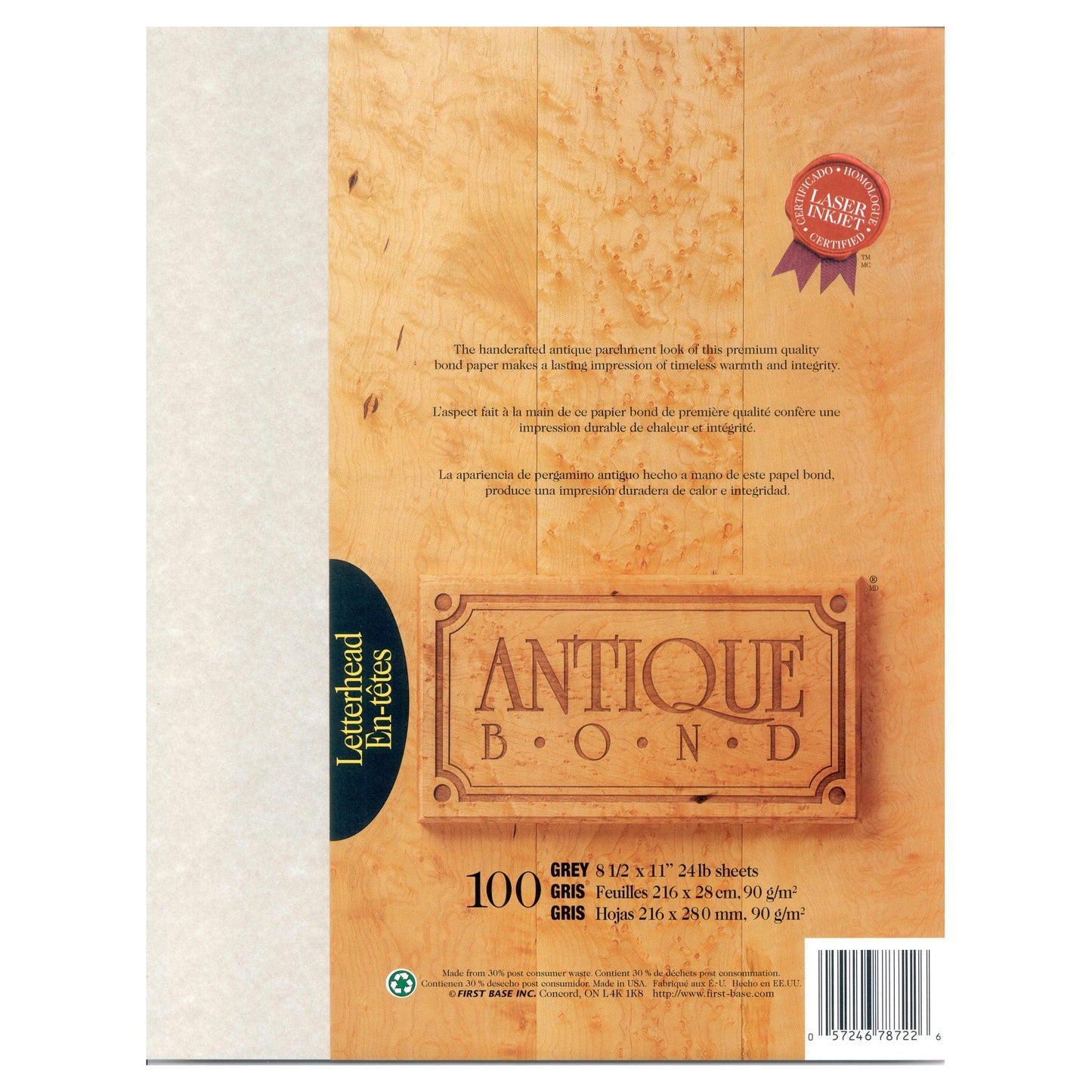 St. James® Antique Bond, papier format lettre de 24 lb, gris, paquet de 100, 78722