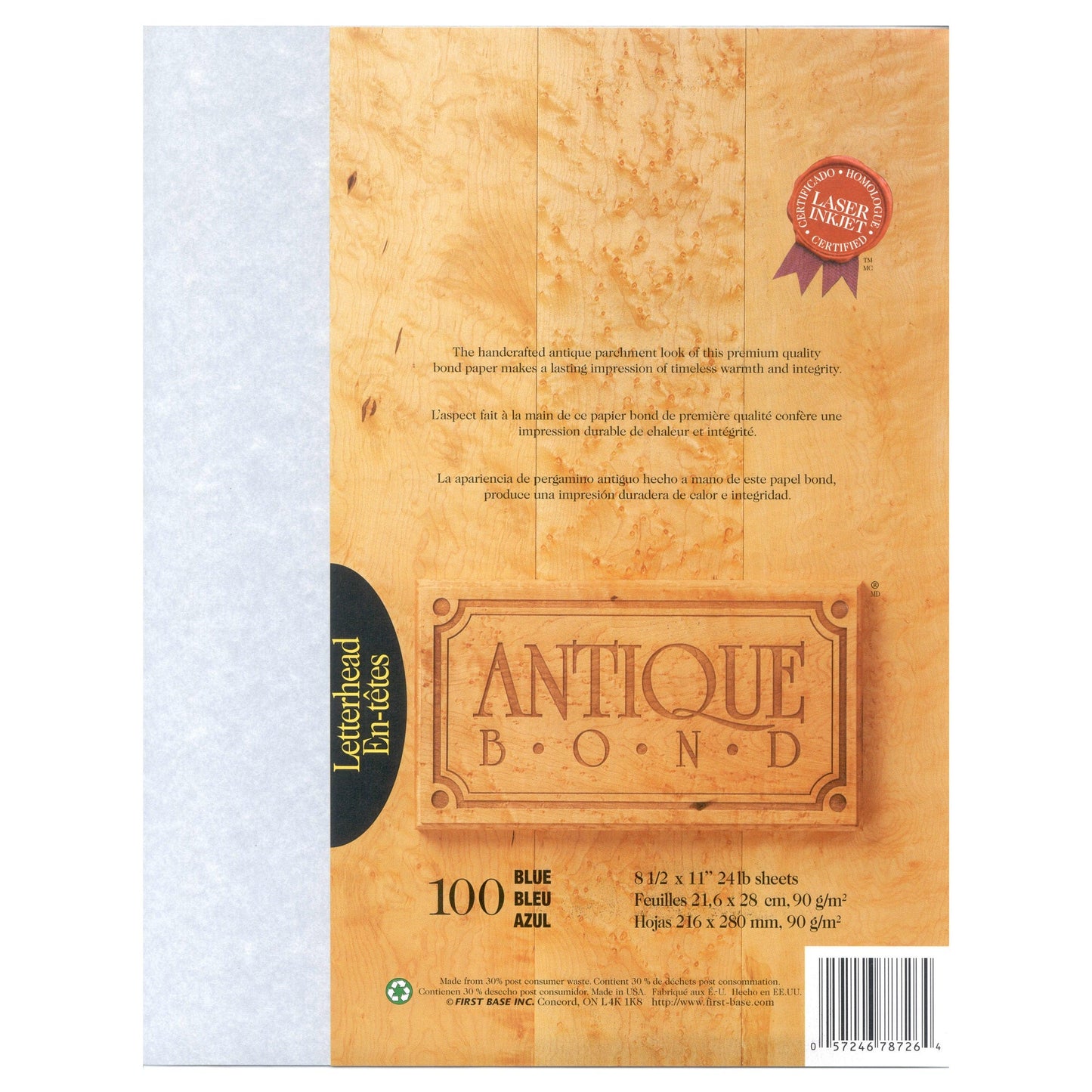 St. James® Antique Bond, papier format lettre de 24 lb, bleu, paquet de 100, 78726 