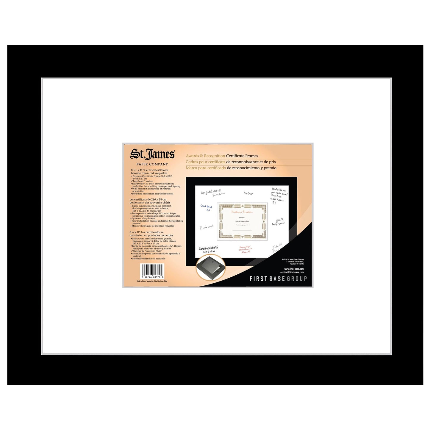 Cadre surdimensionné pour certificat/diplôme/document St. James®, 8,5 x 11 po, noir avec double passe-partout blanc, 83372