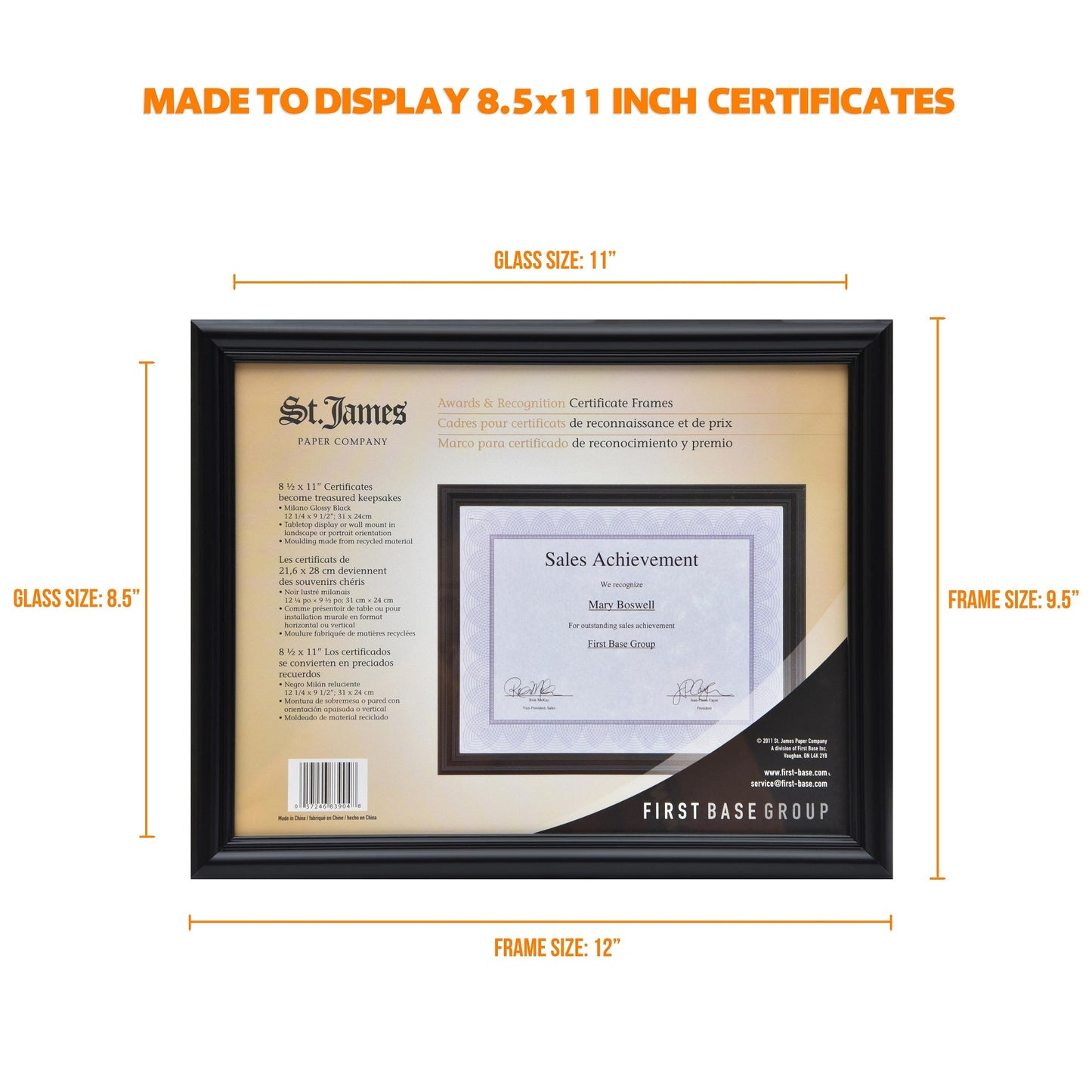 St. James® Certificate/Diploma/Document Frame, 8.5x11", Milano Glossy Black, 83904