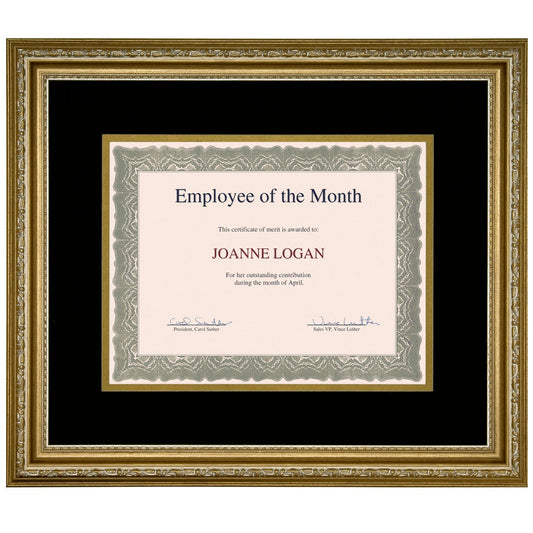St. James® Certificate/Diploma/Document Frame, 8.5x11", Florentine Gold w/Double Mat Black/Gold, 83908